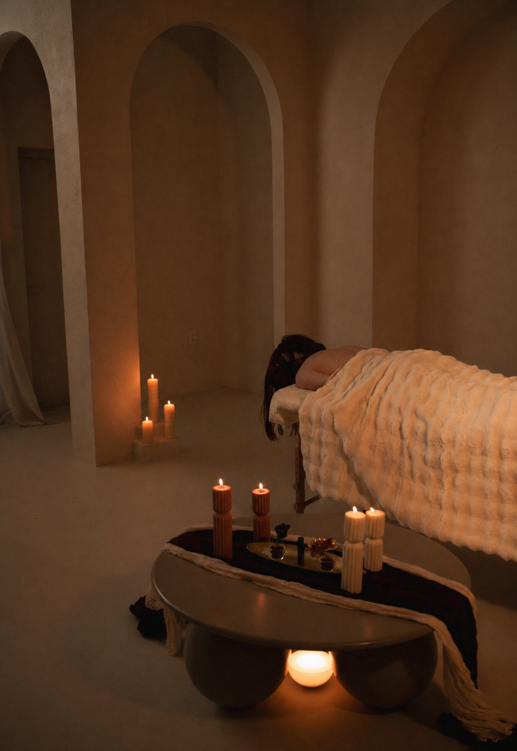 A woman resting beneath a soft blanket in a candlelit arched room prepared for her ritual