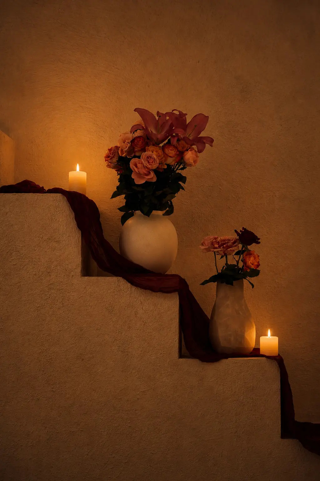 Roses and lilies in pale vases on plaster steps, wine-coloured gauze drifting between two burning candles