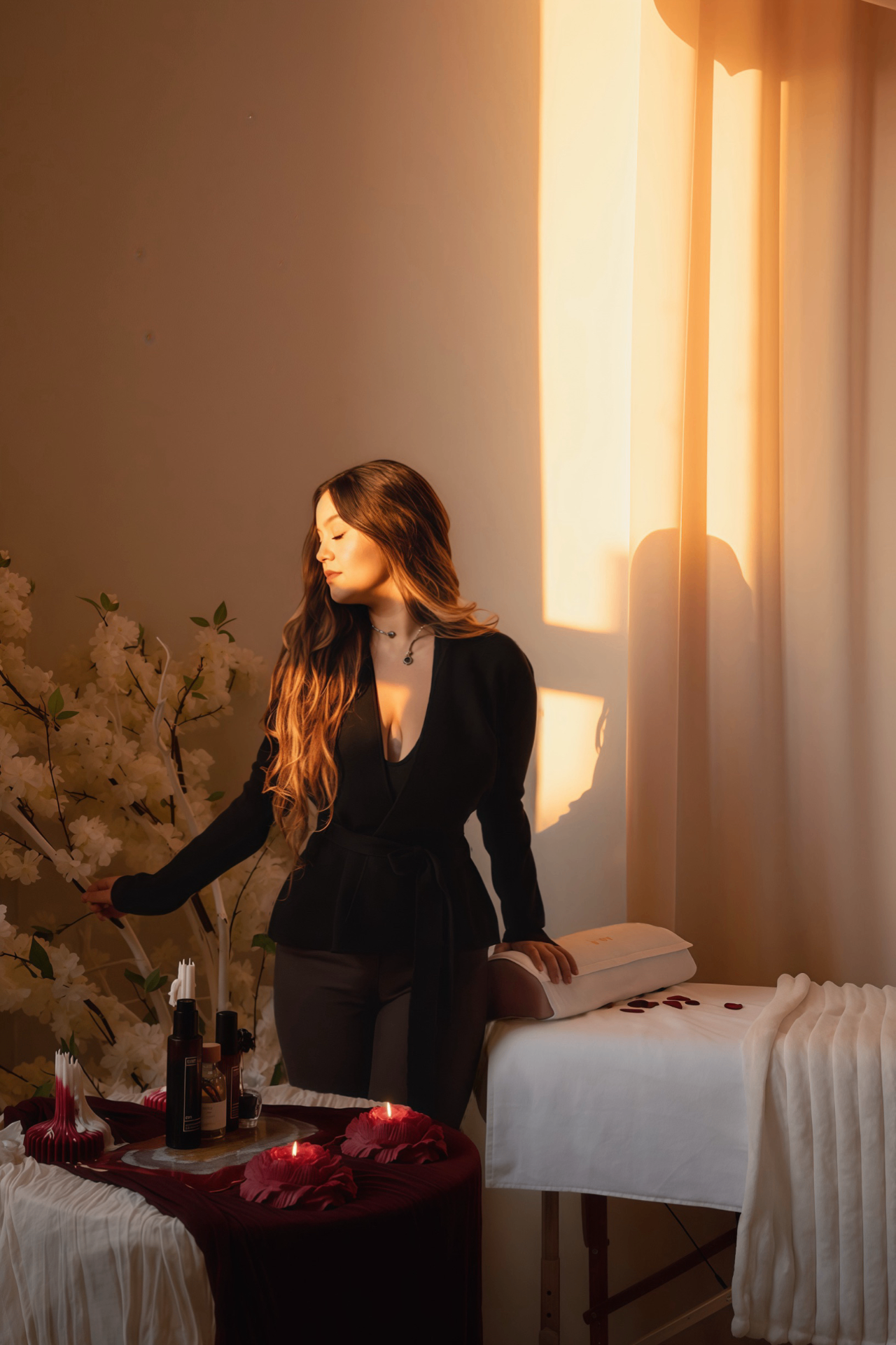 The Vellora founder in warm golden-hour light beside a candlelit ritual table